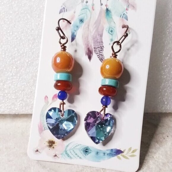 Hand Crafted Jewelry - Flashy Crystal Hearts ~ Beaded Stack Earrings! Gift for her! Boho Glam Girlie